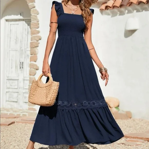 Dresses Boho Lace Insert Ruffle Sleeve Maxi Dress Navy Blue